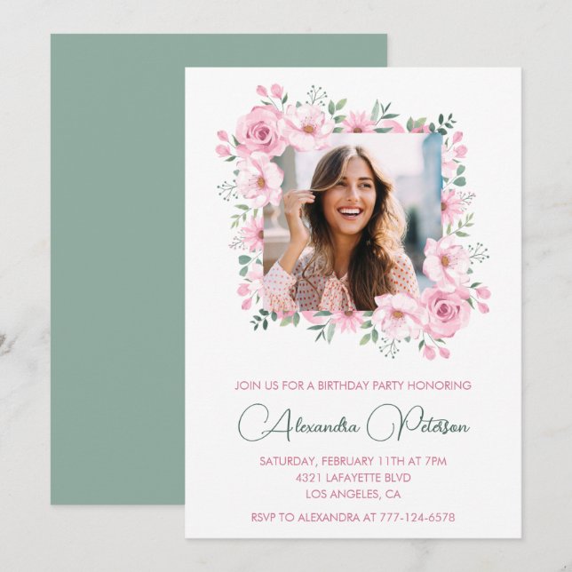 Elegant Photo Floral 37th birthday invitations  (Front/Back)