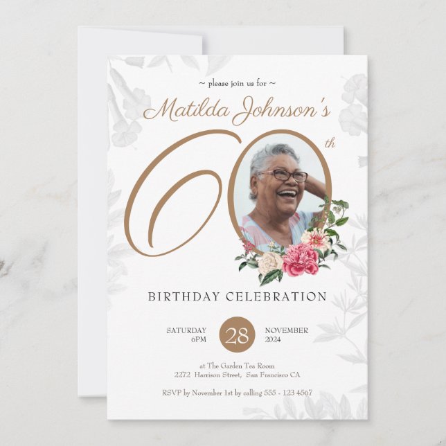 Elegant Photo Floral 60th Birthday  Invitation (Front)