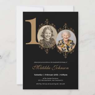 Elegant Photo Frame Black Gold 100th Birthday Invitation