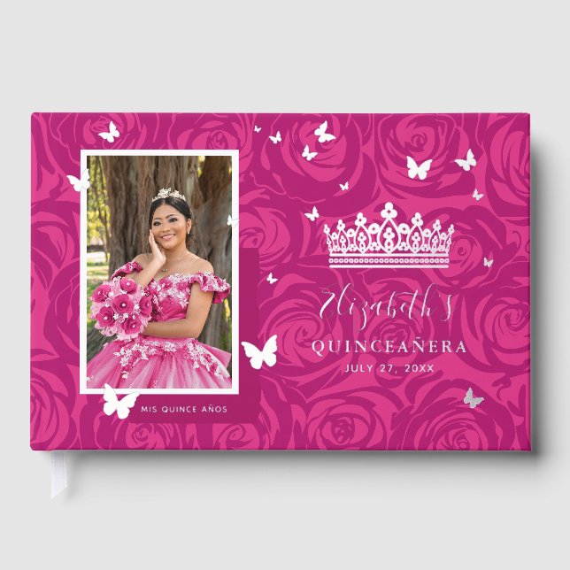 Elegant Photo Fuchsia Quinceanera Foil Guest Book (Front)