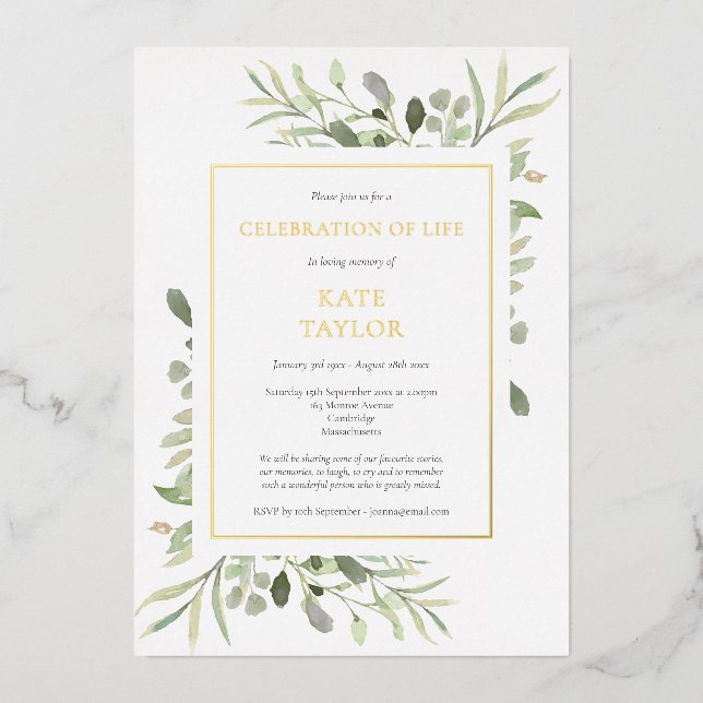 Elegant Photo Funeral Celebration of Life Gold Foil Invitation (Front)