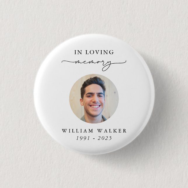 Elegant Photo Funeral Memorial In Loving Memory Button (Front)