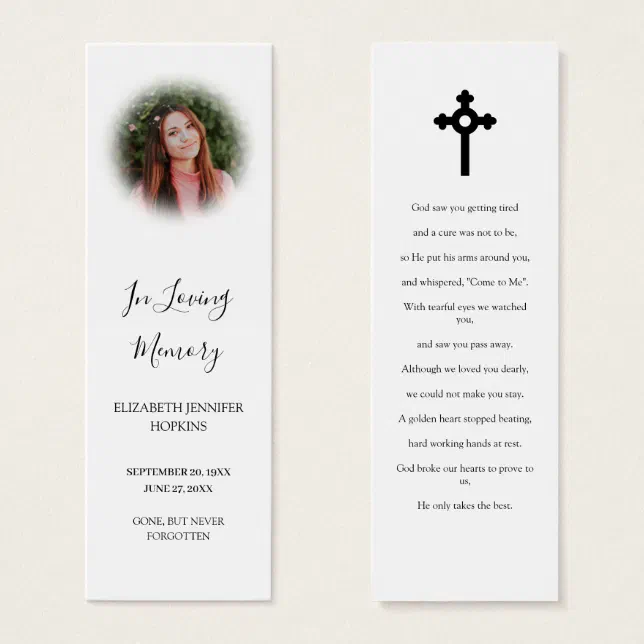 Elegant Photo Funeral Memorial Poem Bookmark Card | Zazzle