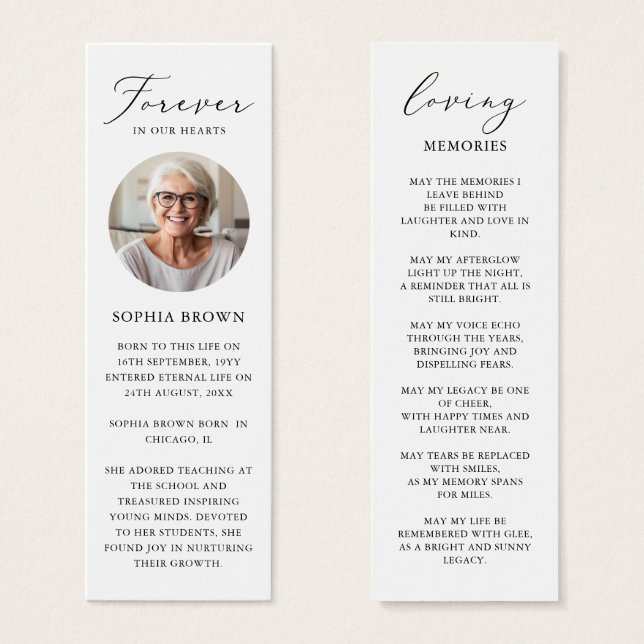 Elegant Photo Funeral Memorial Poem Bookmark Card (Front & Back)