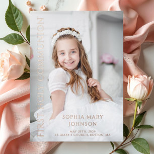 Elegant Photo Girl First Communion Rose Gold Foil Invitation