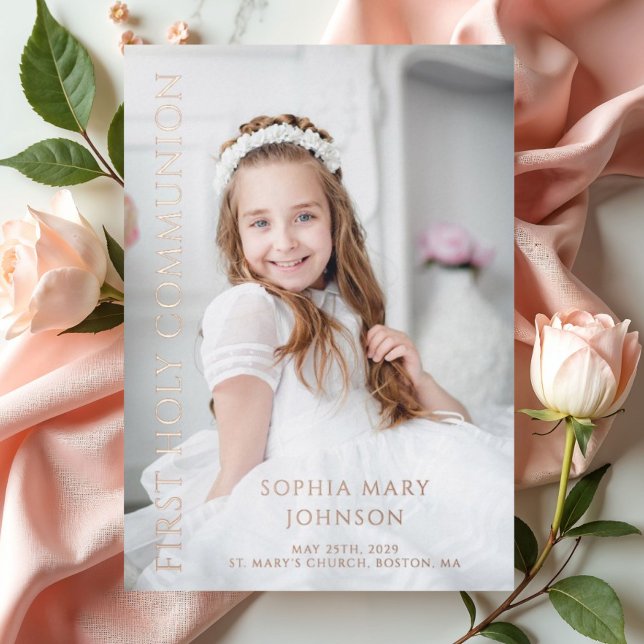Elegant Photo Girl First Communion Rose Gold Foil Invitation (Elegant Girl First Communion Photo Rose Gold Foil Invitation)