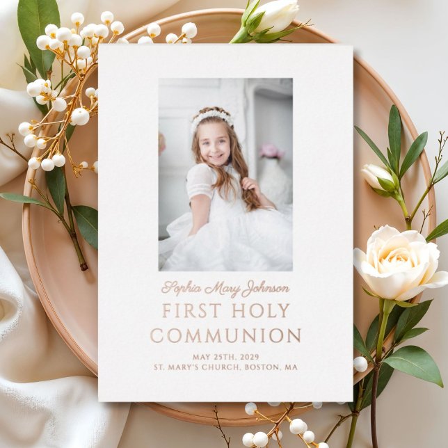 Elegant Photo Girl First Communion Rose Gold Foil Invitation (Elegant Gold Foil Photo Girl First Communion Foil Invitation)