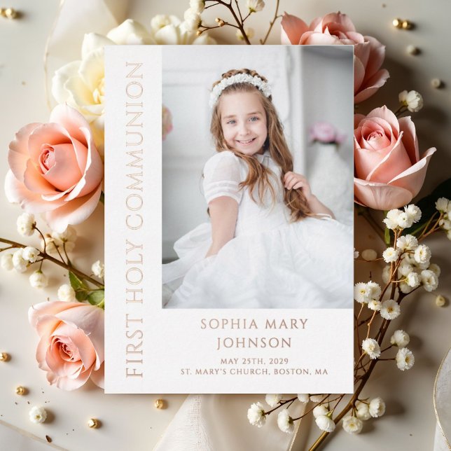 Elegant Photo Girl First Holy Communion Rose Gold Foil Invitation (Elegant Girl First Communion Photo Foil Invitation)