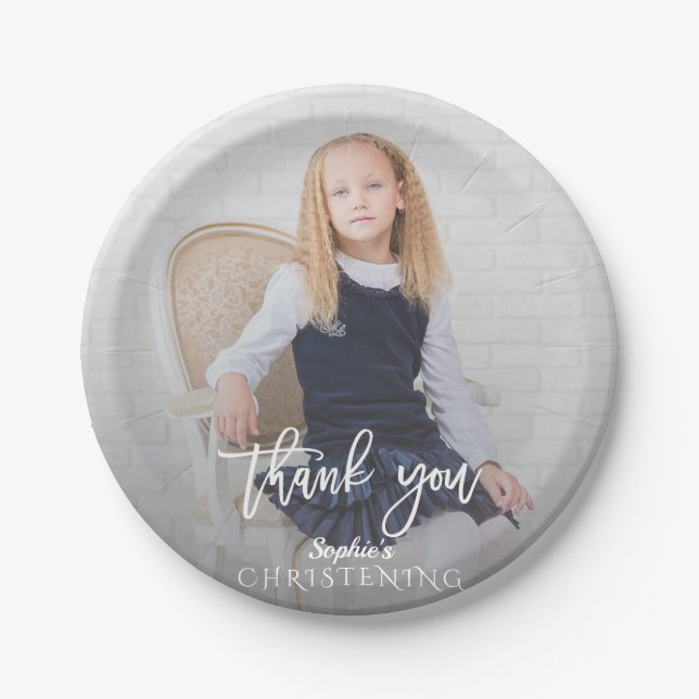 Elegant Photo Girl Gold Cross Christening Paper Plates (Front)