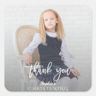 Elegant Photo Girl Gold Cross Christening Square Sticker