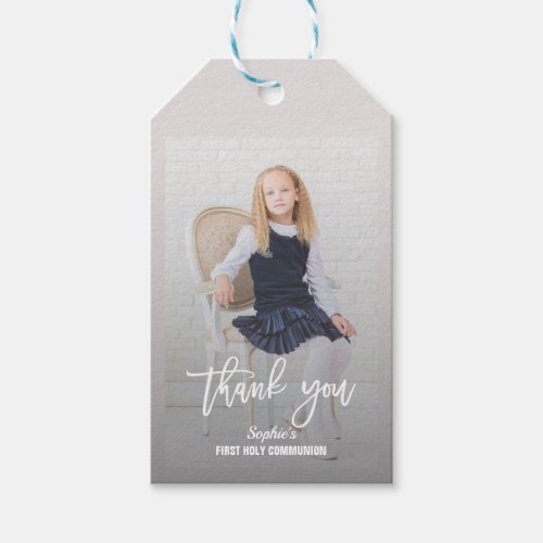 Elegant Photo Girl Gold Cross First Holy Communion Gift Tags
