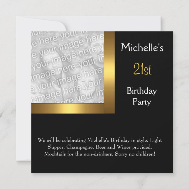 Elegant Photo Gold Black 21st Birthday Invitation (Front)