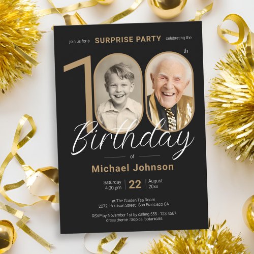 Elegant Photo Gold Black Surprise 100th Birthday