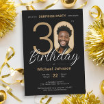 Elegant Photo Gold Black Surprise 30th Birthday Invitation<br><div class="desc">Elegant Photo Gold Black Surprise 30th Birthday Invitation. Elevate your milestone celebration with an invitation design that epitomizes understated elegance and chic minimalism. Our black and gold theme exudes sophistication, creating a refined atmosphere for your special day. The custom photo feature adds a personalized touch, ensuring that each invitation is...</div>