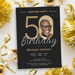 Elegant Photo Gold Black Surprise 50th Birthday Invitation<br><div class="desc">Elegant Photo Gold Black Surprise 50th Birthday Invitation. Elevate your milestone celebration with an invitation design that epitomizes understated elegance and chic minimalism. Our black and gold theme exudes sophistication, creating a refined atmosphere for your special day. The custom photo feature adds a personalized touch, ensuring that each invitation is...</div>