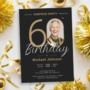 Elegant Photo Gold Black Surprise 60th Birthday Invitation