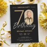 Elegant Photo Gold Black Surprise 70th Birthday Invitation<br><div class="desc">Elegant Photo Gold Black Surprise 70th Birthday Invitation. Elevate your milestone celebration with an invitation design that epitomizes understated elegance and chic minimalism. Our black and gold theme exudes sophistication, creating a refined atmosphere for your special day. The custom photo feature adds a personalized touch, ensuring that each invitation is...</div>