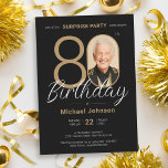 Elegant Photo Gold Black Surprise 80th Birthday Invitation<br><div class="desc">Elegant Photo Gold Black Surprise 80th Birthday Invitation. Elevate your milestone celebration with an invitation design that epitomizes understated elegance and chic minimalism. Our black and gold theme exudes sophistication, creating a refined atmosphere for your special day. The custom photo feature adds a personalized touch, ensuring that each invitation is...</div>