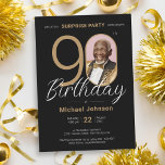Elegant Photo Gold Black Surprise 90th Birthday Invitation<br><div class="desc">Elegant Photo Gold Black Surprise 90th Birthday Invitation. Elevate your milestone celebration with an invitation design that epitomizes understated elegance and chic minimalism. Our black and gold theme exudes sophistication, creating a refined atmosphere for your special day. The custom photo feature adds a personalized touch, ensuring that each invitation is...</div>