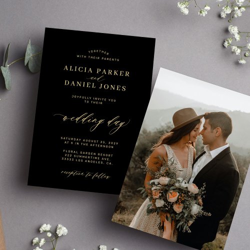 Elegant photo gold calligraphy black wedding invitation