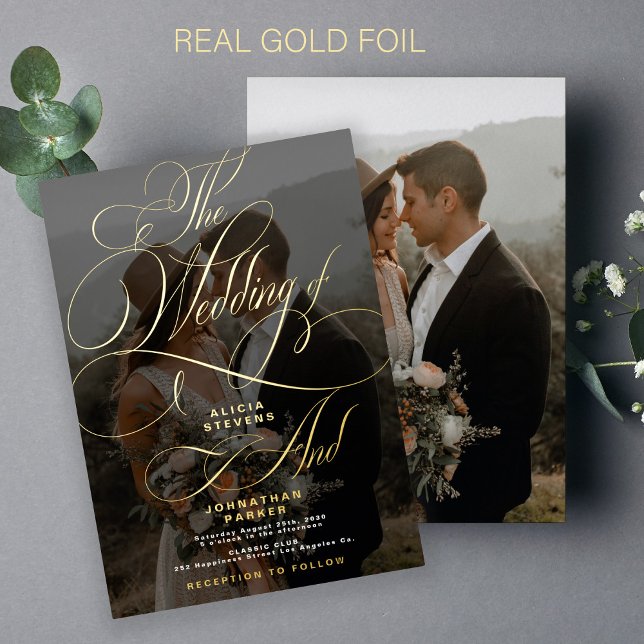 Elegant photo gold calligraphy script wedding foil invitation (Creator Uploaded)