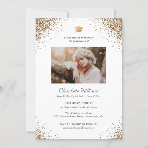 Elegant Photo Gold Confetti Graduation Party Invitation