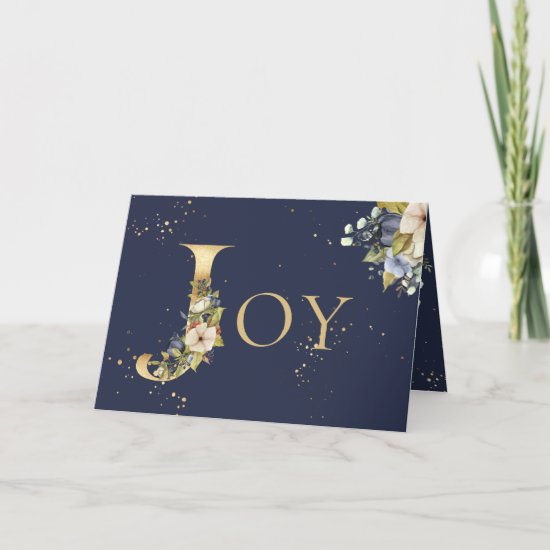 Elegant Photo Gold Floral Blue Joy Christmas Holiday Card