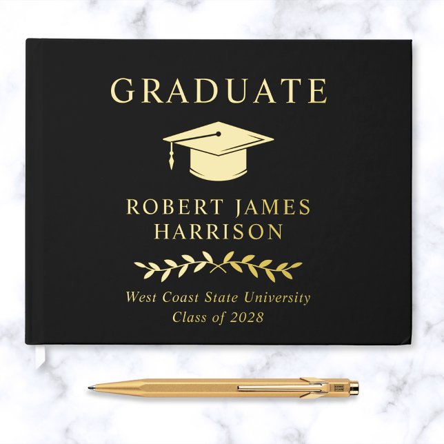 Elegant Photo Gold Foil Black Graduation Party Foil Guest Book (Creator Uploaded)