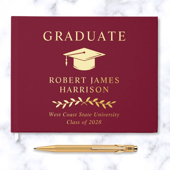 Elegant Photo Gold Foil Burgundy Graduation Party Foil Guest Book (Creator Uploaded)