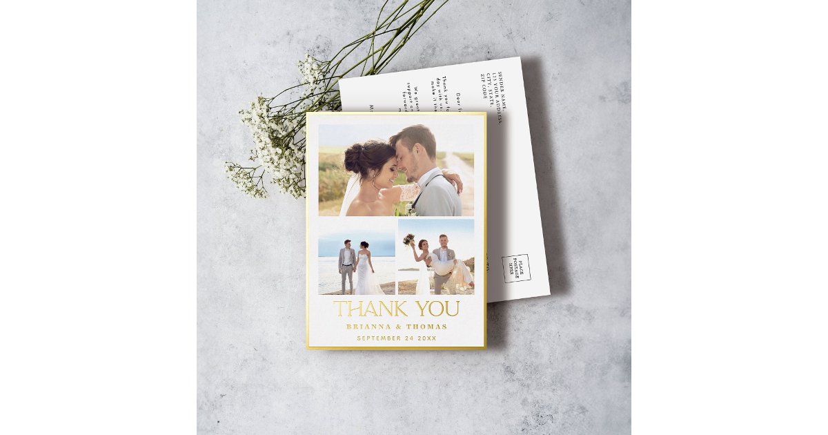 Elegant Photo Gold Foil Wedding Thank You Postcard | Zazzle