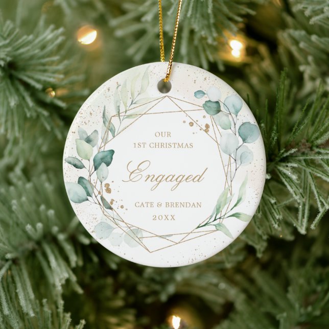 Elegant Photo Gold Geometric Eucalyptus Engaged Ceramic Ornament (Tree)