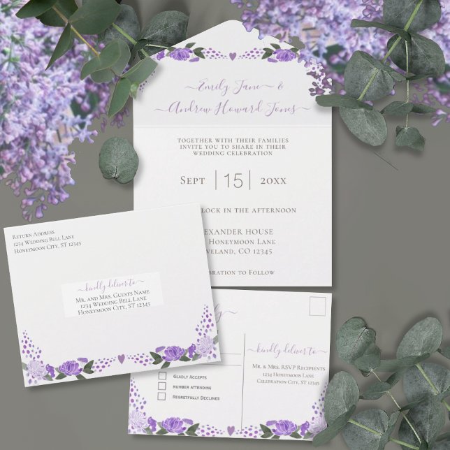 Elegant Photo Gold Geometric Purple Peony Wedding All In One Invitation (Creator Uploaded)