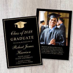 Elegant Photo Gold Grad Cap Black Graduation Announcement