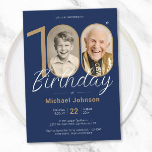 Elegant Photo Gold Navy Blue 100th Birthday Invitation