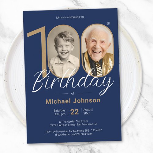 Elegant Photo Gold Navy Blue 100th Birthday