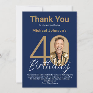 Elegant Photo Gold Navy Blue 40th Birthday  Thank You Card