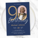 Elegant Photo Gold Navy Blue 90th Birthday Invitation<br><div class="desc">Elegant Photo Gold Navy Blue 90th Birthday Invitation. Elevate your milestone celebration with an invitation design that epitomizes understated elegance and chic minimalism. Our black and gold theme exudes sophistication, creating a refined atmosphere for your special day. The custom photo feature adds a personalized touch, ensuring that each invitation is...</div>