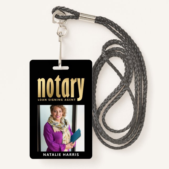 Elegant Photo Gold Notary Loan Agent  Badge (Front with Lanyard)