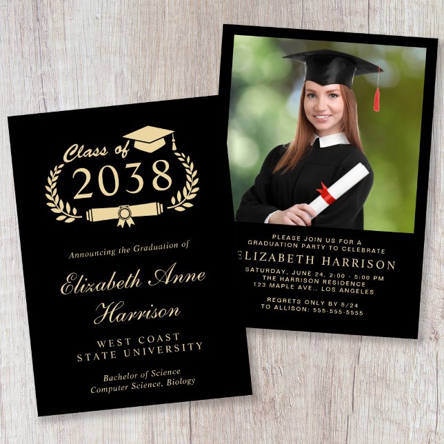Elegant Photo Gold Script Black Graduation Party Invitation (Elegant Photo Gold Script Black Graduation Party Invitation)
