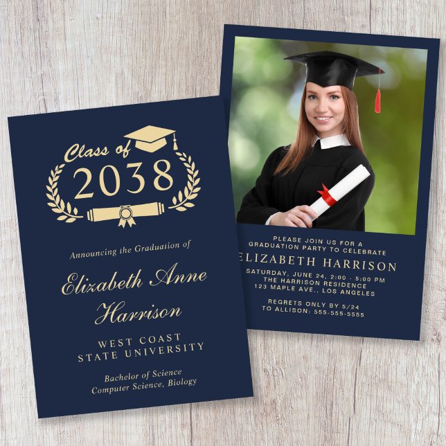 Elegant Photo Gold Script Blue Graduation Party Invitation (Elegant Photo Gold Script Blue Graduation Party Invitation)