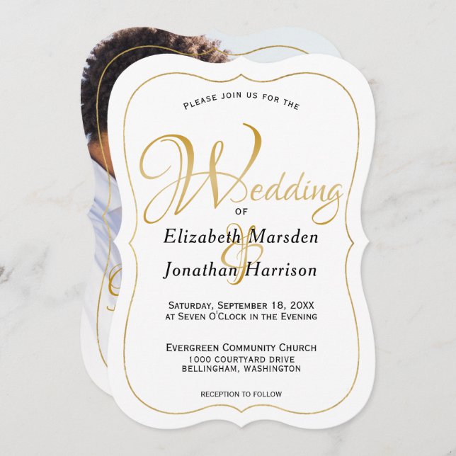 Elegant Photo Gold Script Religious Wedding Invitation (Front/Back)