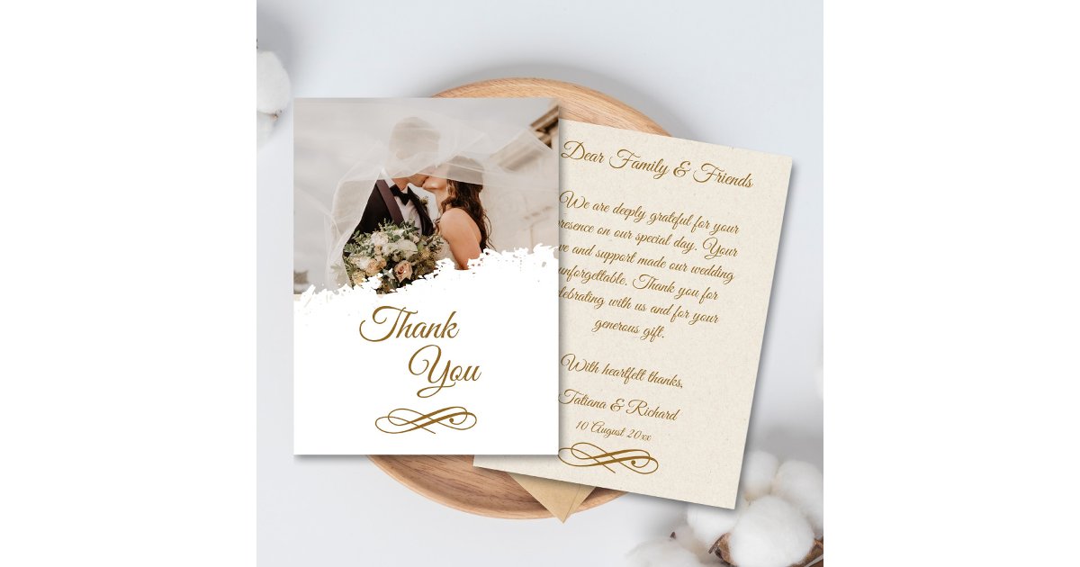 Elegant Photo Gold Script Wedding Thank You Card | Zazzle
