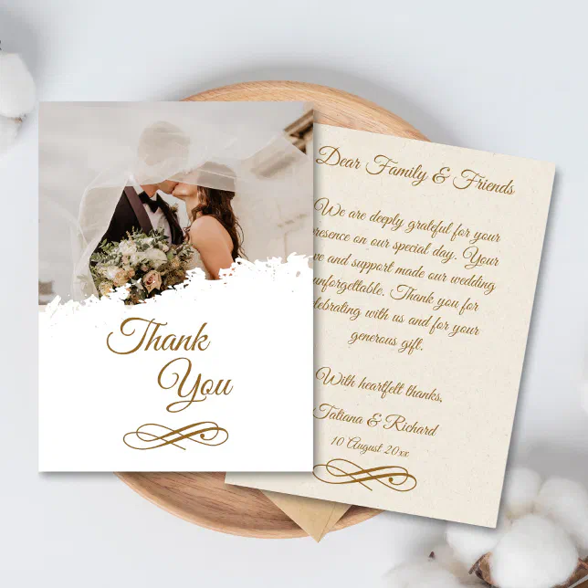 Elegant Photo Gold Script Wedding Thank You Card | Zazzle