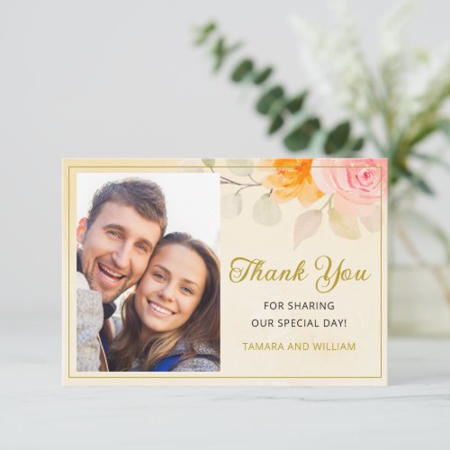 Elegant Photo Gold Watercolor Floral Wedding  Thank You Card