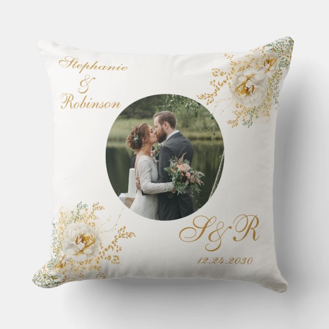 Elegant Photo Gold White Floral Monogram Wedding  Throw Pillow (Front)