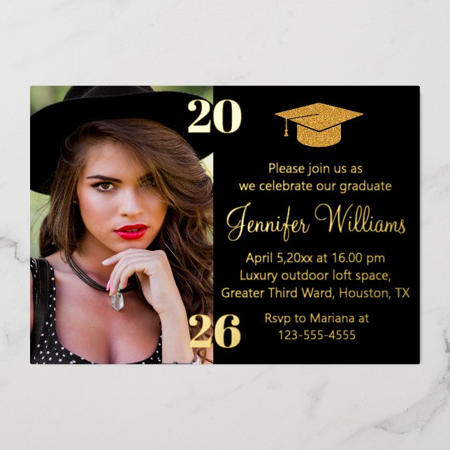 elegant photo graduation 2026 black & gold party  foil invitation (Front)