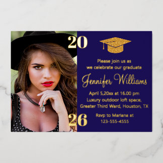 elegant photo graduation 2026 blue & gold party  foil invitation