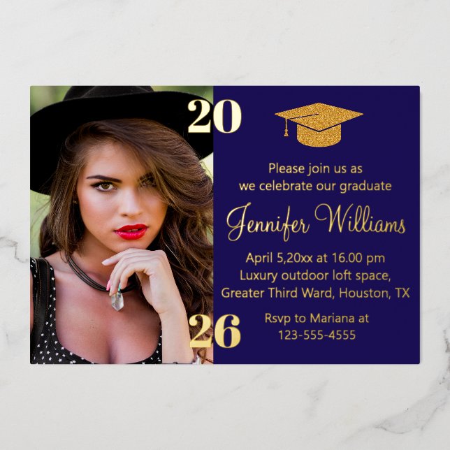 elegant photo graduation 2026 blue & gold party  foil invitation (Front)
