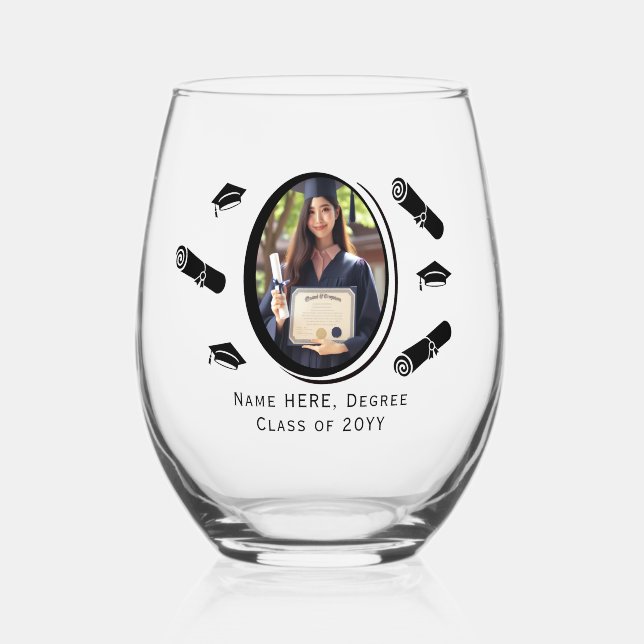 Elegant Photo Graduation Diploma and Cap, Black Stemless Wine Glass (Front)
