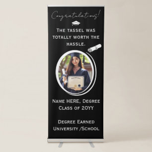 Elegant Photo Graduation Diploma Cap, Black, White Retractable Banner